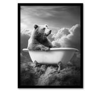 Artery8 Grizzly Bear Mountain Bathtub Black White Surreal Framed Art Print in Grey | Size: W12" x H16" Artery8 Grey W12" x H16"