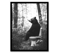 Artery8 Grizzly Bear Toilet Black White Forest Landscape Bathroom Toilet Artwork Framed Wall Art Print 18X24 Inch