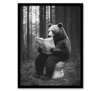 Artery8 Grizzly Bear Toilet Newspaper Black White Forest Bathroom Toilet Artwork Framed Wall Art Print 18X24 Inch