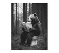 Artery8 Grizzly Bear Toilet Newspaper Black White Forest Bathroom Toilet Extra Large XL Wall Art Poster Print