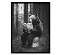 Artery8 Grizzly Bear Toilet Newspaper Black White Forest Bathroom Toilet Artwork Framed Wall Art Print A4