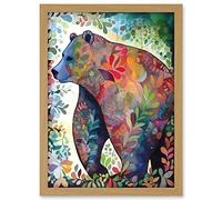 Artery8 Grizzly Bear With Botanical Patterns Folk Art Watercolour Painting Artwork Framed A3 Wall Art Print
