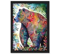 Artery8 Grizzly Bear With Botanical Patterns Folk Art Watercolour Painting Artwork Framed A3 Wall Art Print