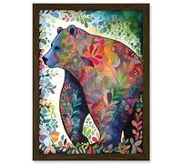 Artery8 Grizzly Bear With Botanical Patterns Folk Art Watercolour Painting Artwork Framed A3 Wall Art Print