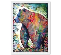 Artery8 Grizzly Bear With Botanical Patterns Folk Art Watercolour Painting Artwork Framed A3 Wall Art Print