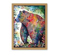 Artery8 Grizzly Bear With Botanical Patterns Folk Art Watercolour Painting Artwork Framed Wall Art Print 18X24 Inch