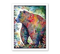 Artery8 Grizzly Bear With Botanical Patterns Folk Art Watercolour Painting Artwork Framed Wall Art Print 18X24 Inch