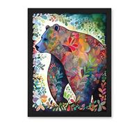Artery8 Grizzly Bear With Botanical Patterns Folk Art Watercolour Painting Artwork Framed Wall Art Print 18X24 Inch