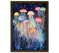 Artery8 Group Of Jellyfish Multicoloured Folk Art Watercolour Painting Artwork Framed A3 Wall Art Print