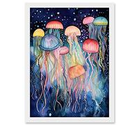 Artery8 Group Of Jellyfish Multicoloured Folk Art Watercolour Painting Artwork Framed A3 Wall Art Print