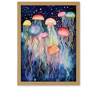 Artery8 Group Of Jellyfish Multicoloured Folk Art Watercolour Painting Artwork Framed A3 Wall Art Print