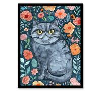 Artery8 Grumpy Blue Exotic Shorthair Cat Floral Portrait Living Room Artwork Framed Wall Art Print 18X24 Inch