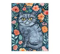 Artery8 Grumpy Blue Exotic Shorthair Cat Floral Portrait Living Room Extra Large XL Wall Art Poster Print