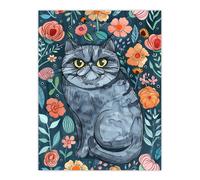 Artery8 Grumpy Blue Exotic Shorthair Cat Floral Portrait Living Room Large Wall Art Poster Print Thick Paper 18X24 Inch