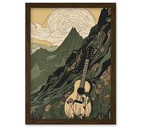 Artery8 Guitar on Mountain Landscape Morning at Campsite Artwork Framed Wall Art Print A4