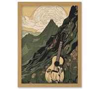 Guitar on Mountain Landscape Morning at Campsite Artwork Framed Wall Art Print A4 Artery8 Light Oak One Size