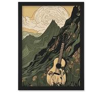 Artery8 Guitar on Mountain Landscape Morning at Campsite Artwork Framed Wall Art Print A4