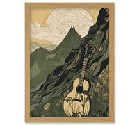 Guitar on Mountain Landscape Morning at Campsite Artwork Framed Wall Art Print A4 Artery8 Light Oak One Size