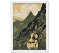 Artery8 Guitar on Mountain Landscape Morning at Campsite Artwork Framed Wall Art Print A4 in White Artery8 White