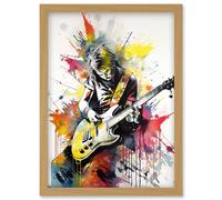 Guitarist Playing Electric Guitar Music Solo Vibrant Modern Splat Paint Watercolour Illustration Artwork Framed Wall Art Print A4 Artery8 Light Oak One Size