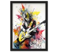 Guitarist Playing Electric Guitar Music Solo Vibrant Modern Splat Paint Watercolour Illustration Artwork Framed Wall Art Print A4 Artery8 Black One Size