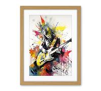 Artery8 Guitarist Playing Electric Guitar Music Solo Vibrant Modern Splat Paint Watercolour Illustration Artwork Framed Wall Art Print 18X24 Inch