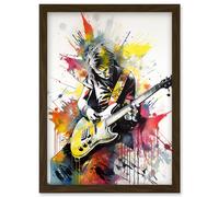 Artery8 Guitarist Playing Electric Guitar Music Solo Vibrant Modern Splat Paint Watercolour Illustration Artwork Framed Wall Art Print A4