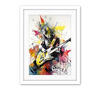 Artery8 Guitarist Playing Electric Guitar Music Solo Vibrant Modern Splat Paint Watercolour Illustration Artwork Framed Wall Art Print 18X24 Inch