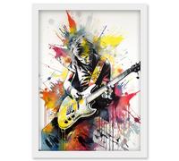 Guitarist Playing Electric Guitar Music Solo Vibrant Modern Splat Paint Watercolour Illustration Artwork Framed Wall Art Print A4 Artery8 White One Size