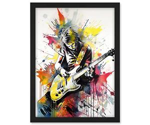 Artery8 Guitarist Playing Electric Guitar Music Solo Vibrant Modern Splat Paint Watercolour Illustration Artwork Framed A3 Wall Art Print