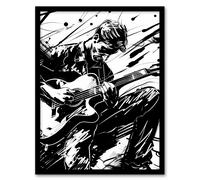 Artery8 Guitarist Playing Guitar Black White Ink Drawing Framed Art Print | Size: W12" x H16" Artery8 Black W12" x H16"