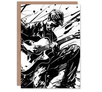 Artery8 Guitarist Playing Guitar Black White Ink Drawing Greeting Birthday Card Him Her All Blank