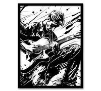 Artery8 Guitarist Playing Guitar Black White Ink Drawing Living Room Artwork Framed Wall Art Print A4