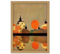 Wee Blue Coo Gustav Klimt Style Autumn Lakeside Town Church Reflection Artwork Framed Wall Art Print A4