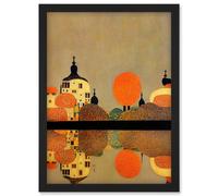Artery8 Gustav Klimt Style Autumn Lakeside Town Church Reflection Artwork Framed Wall Art Print A4 in Black Artery8 Black