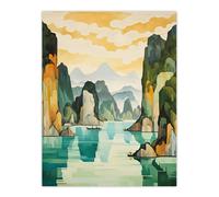 Artery8 Ha Long Bay Watercolour Painting Vietnam Limestone Islands In Emerald Waters Pastel Colour Seascape Unframed Wall Art Print Poster Home Decor Artery8 Multicolor W12" x H16"