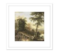 Artery8 Hackaert Landscape With Cattle Drivers 8X8 Inch Square Wooden Framed Wall Art Print Picture with Mount in White Artery8 White