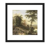 Artery8 Hackaert Landscape With Cattle Drivers 8X8 Inch Square Wooden Framed Wall Art Print Picture with Mount in Black Artery8 Black