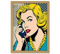 Artery8 Halftone Hello Comic Book Style 1950s Woman Telephone Bright Polka Dot Pattern Artwork Framed A3 Wall Art Print
