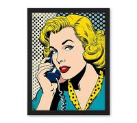 Artery8 Halftone Hello Comic Book Style 1950s Woman Telephone Bright Polka Dot Pattern Artwork Framed Wall Art Print 18X24 Inch