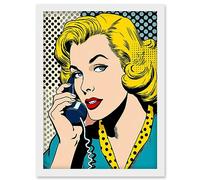 Artery8 Halftone Hello Comic Book Style 1950s Woman Telephone Bright Polka Dot Pattern Artwork Framed Wall Art Print A4