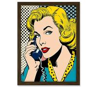 Artery8 Halftone Hello Comic Book Style 1950s Woman Telephone Bright Polka Dot Pattern Artwork Framed A3 Wall Art Print