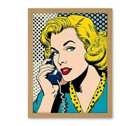 Artery8 Halftone Hello Comic Book Style 1950s Woman Telephone Bright Polka Dot Pattern Artwork Framed Wall Art Print 18X24 Inch