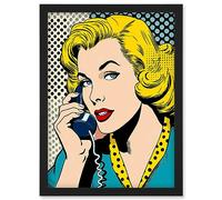 Artery8 Halftone Hello Comic Book Style 1950s Woman Telephone Bright Polka Dot Pattern Artwork Framed Wall Art Print A4