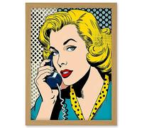 Artery8 Halftone Hello Comic Book Style 1950s Woman Telephone Bright Polka Dot Pattern Artwork Framed Wall Art Print A4