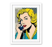 Artery8 Halftone Hello Comic Book Style 1950s Woman Telephone Bright Polka Dot Pattern Artwork Framed Wall Art Print 18X24 Inch