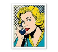 Artery8 Halftone Hello Comic Book Style 1950s Woman Telephone Bright Polka Dot Pattern Artwork Framed Wall Art Print 18X24 Inch