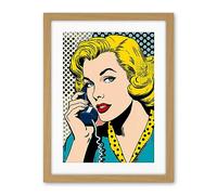 Artery8 Halftone Hello Comic Book Style 1950s Woman Telephone Bright Polka Dot Pattern Artwork Framed Wall Art Print 18X24 Inch