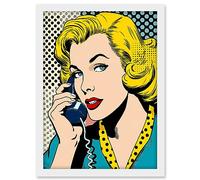 Artery8 Halftone Hello Comic Book Style 1950s Woman Telephone Bright Polka Dot Pattern Artwork Framed A3 Wall Art Print