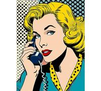 Artery8 Halftone Hello Comic Book Style 1950s Woman Telephone Bright Polka Dot Pattern Large Wall Art Poster Print Thick Paper 18X24 Inch